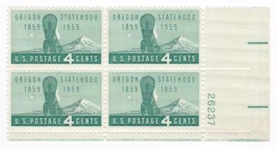 1959 Plate Block of 4, Oregon Statehood 4c USA Stamp Mint NH Scott #1124 - Image 1 of 4