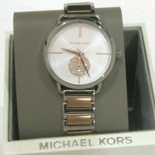 Orologio Michael Kors Nuovo Donna Portia 2 Toni Argento Oro Cristalli MK3709 $225