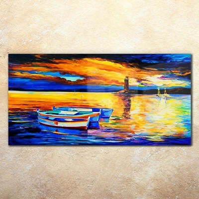 Glasbilder Wandbild Druck auf Glas 140x70 Boote Wasser Leuchtturm farbenfroh - Bild 1 von 4