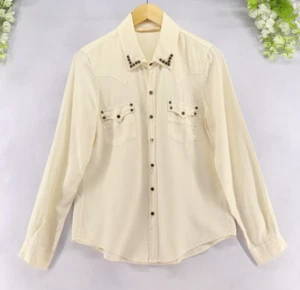 Zara Women's Western Studs Cream Size Large Long Sleeve Snap Lyocell Cowgirl - Picture 1 of 10