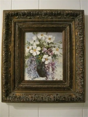 Bodegón floral óleo sobre lienzo firmado por artista pintura original marco de madera ornamentado Foto 1 de 4