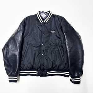 100% AUTHENTIC PRADA LEATHER RE-NYLON SIZE L XL BOMBER VARSITY JACKET MENS BLACK - Picture 1 of 17