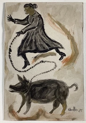 WOMAN PIG RUNNING FROM MUSLIMS-Red Mud Chandler Bill Traylor Style Outsider Art - Image 1 of 4