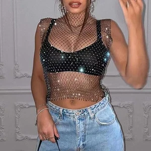 Fashionable Rhinestone Fishnet Short Sleeve Top for Women Daily Club Use - Picture 1 of 9