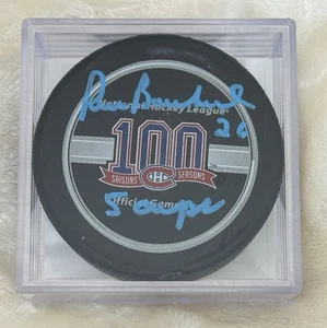 Pierre Bouchard 100 Season Autogramm Puck "5 Cups" Inschrift Canadiens - Bild 1 von 4