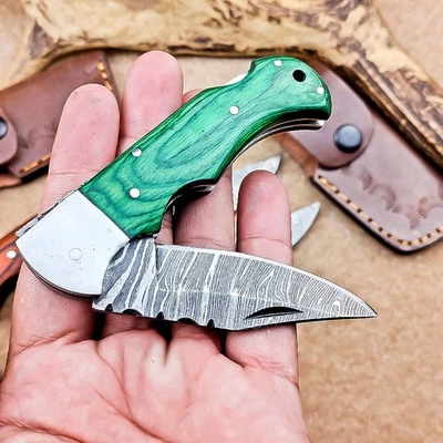 LOT OF 4 PCS! Handmade Damascus Pocket Knives – Folding Knives, W/Sheath IT-2766 - Image 1 of 4