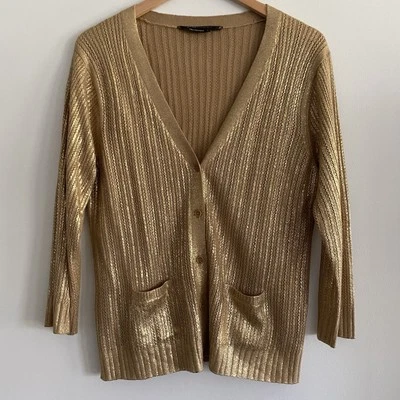 BCBGMaxazria Beige Gold Open Knit Cardigan Sweater Large Button Up Fancy Glam - Image 1 of 4