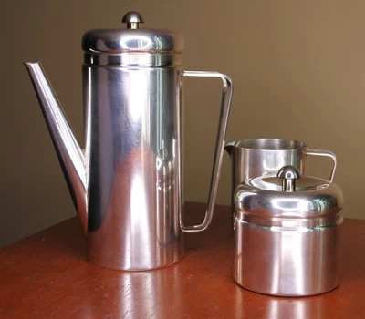 PM Italy Silverplate Modernist Mid-Century Coffee Pot Set Creamer & Sugar - Image 1 of 4