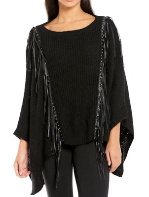 Poncho feminino CALVIN KLEIN jeans malha mohair com franja de couro vegano preto G - Imagem 1 de 4