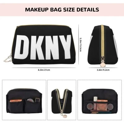 Elegante bolso de maquillaje y cosmética de cuero negro con cremallera letras blancas cremallera dorada Foto 1 de 3