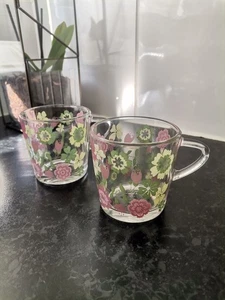 IKEA Cup Ideell Glass Pink & Green Floral Mug x 2 Discontinued Retired - Picture 1 of 6