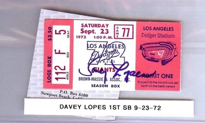 Davey Lopes Signed Autographed Ticket Stub Dodgers 1st SB 9/23/72 PSA 8A57684 - Image 1 of 2