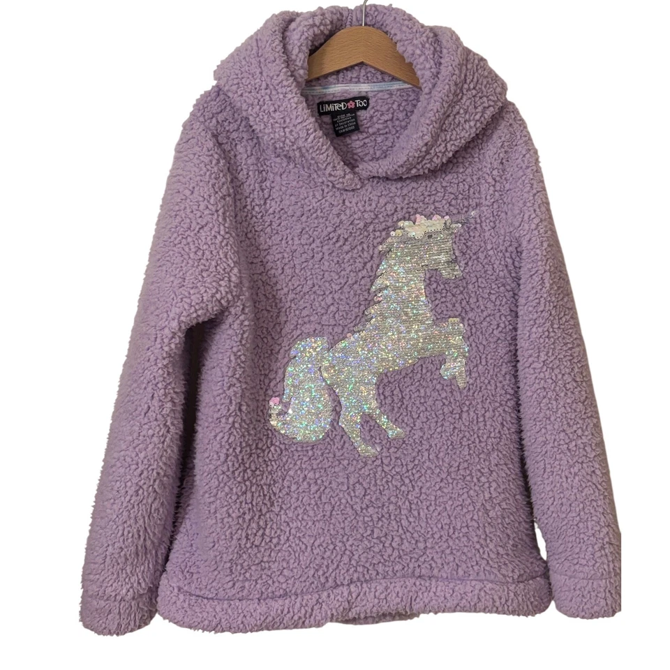 Limited Too Girls Púrpura Polar Sudadera con Capucha Unicornio Lentejuelas Pullover Suéter Talla 10 Foto 1 de 4
