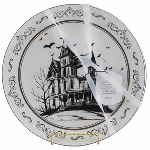 10 Strawberry Street Haunted House Dinner Plates Set of 4 Halloween Black White - Picture 1 of 2