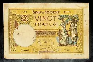 1928 French Madagascar 20 Franc Banknote - Picture 1 of 1