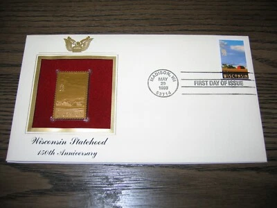 1998 Wisconsin Statehood 150th replica Gold GOLDEN FDC Cover STAMP  - Image 1 of 3