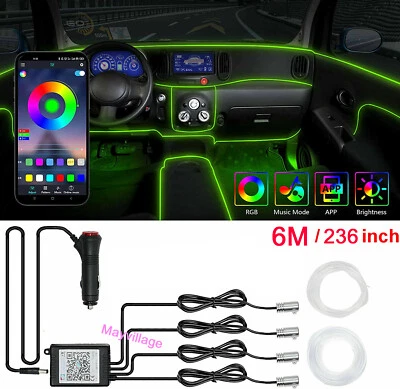 6M RGB Car LED Lights Strip Interior Fiber Optic Neon EL Atmosphere Lamp Kit APP - Image 1 of 4
