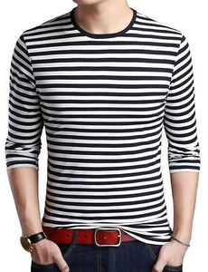 Men's Striped T-Shirt Black and White Long Sleeve Casual Pullover Crew Neck C... - Picture 1 of 8