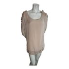 Carina Ricci Beige Sheer Silk Short Sleeve Lined Top Appliqués Lace Size Small