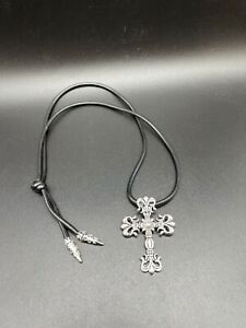 Chrome Hearts Authentic Vintage Big Cross Leather Rhodium Necklace