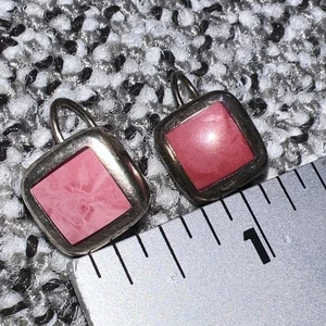 Vintage TAXCO MEXICO Modernist Sterling Silver 925 Pink Square Inlay Earrings - Picture 1 of 7