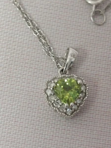 10ct White Gold Necklace with Diamonds And Peridot in a Heart Drop Pendant - Picture 1 of 4
