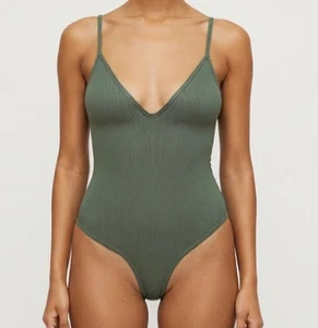 Lulus Womens Medium Sage Green Basic Ribbed Knit Bodysuit Y2K Casual - Picture 1 of 7