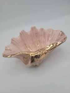 Vintage MCM Deco Regency Ceramic Shell Clamshell Bowl Ashtray Pink Gold 1 - Picture 1 of 8
