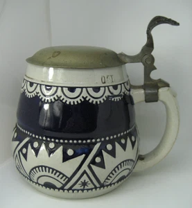 Alter Merkelbach Westerwald Keramik Bierkrug mit Zinndeckel um 1920 - Bild 1 von 9