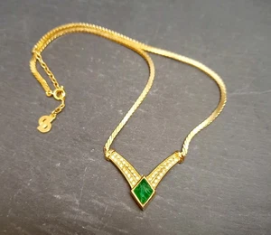 Christian Dior Vintage Necklace Gold Tone Clear & Green Stone Costume Jewellery - Picture 1 of 6