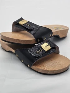 The Original Dr Scholl’s Made In Italy Sandal Flip Flop Wood Insole Black Rubber - Picture 1 of 6