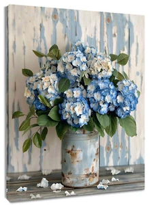 Arte de pared vintage de lona floral de hortensia azul decoración para sala de estar dormitorio - Imagen 1 de 15