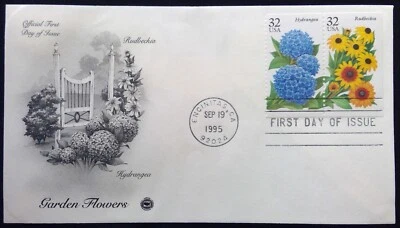 Scott 2996 2997 FDC Hydrangea Rudbeckia Garden Flowers Series STRIP 2 PCS Cachet - Image 1 of 3