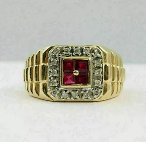 Men's Wedding Propose Ring 14K Yellow Gold Over 2.2 Ct Princess Lab Created Ruby - Picture 1 of 8