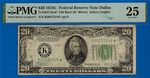 Billete de 20 dólares de la Reserva Federal de 1934C PMG 25 segunda mejor estrella de Dallas - Imagen 1 de 3