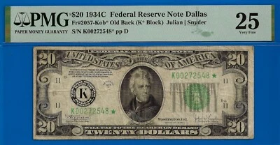 1934C $20 Federal Reserve Note PMG 25 2nd Finest Dallas star - Image 1 of 3