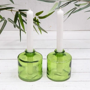 Set of 2 Emerald Green Vintage Glass Candle Stick Holders Small Bud Flower Vases - Picture 1 of 4