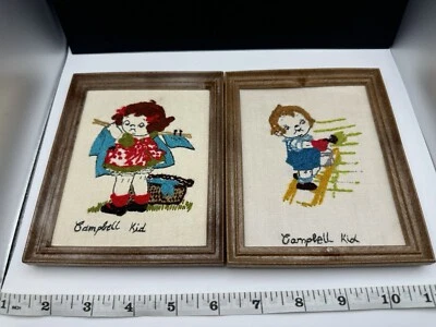 Vintage Framed & Completed Crewel Set Of 2 Campbell Soup Kids 1980’s Needlework - Image 1 of 4