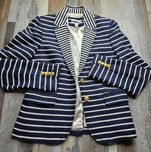J. Crew Schuljungen Blazer dunkelblau weiß Streifen Leinenmischung Goldknöpfe Gr. 2 - Bild 1 von 12