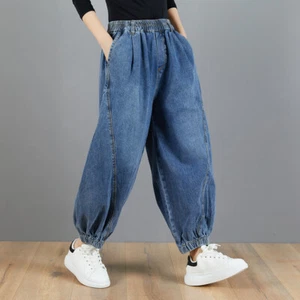 Femme Bloomer Jeans Pantalon Conique Volant Taille Élastique Décontracté Rétro - Picture 1 of 6
