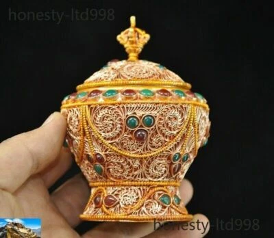 4" Antiguo Tibetano Plata Filigrana Oro 24k Incrustación Dorada Gema Tanques Vaso Olla Tarro Foto 1 de 4
