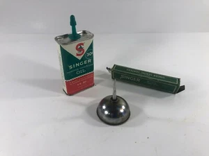 Singer Sewing Machine Oil Tin half full Motor Lubricant Silver Thumb Oil Can - Picture 1 of 9
