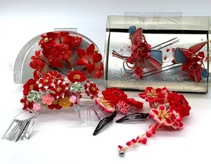 Japanese Kanzashi Hair Ornament Set Red Tsumami Flower for Kimono Girl’s Ceremon - Picture 1 of 18