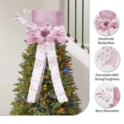 Pink Christmas Tree Topper Bow, 9.8" Glitter Xmas Decor w/ Bows & Spruce Branch - Image 1 of 4