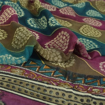 Sanskriti Vintage Sarees 100% Pure Georgette Silk Woven Craft Fabric 5 Yard Sari - Image 1 of 4