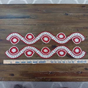 Pair Red Vtg Crocheted Lace Edging Trim Motif Finished Complete Towel Pillowcase - Picture 1 of 8