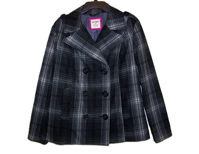 Old Navy Size XL Women's Black Gray Ivory Plaid Fully Lined Pea Coat Button Down - Image 1 of 4