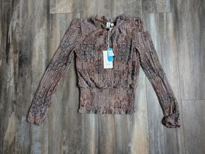 Camicetta donna Joie broccato collo alto vita smocked nuova con etichette piccola foderata marrone tenue - Foto 1 di 7