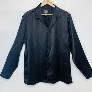H M Mens Black Satin Shirt Large Long Sleeve Button Up Formal Classic Retro - Picture 1 of 9