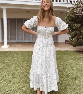 Palm Noosa Dress AU 10/US 6 Maxi White Blue Floral Tile Linen Broderie Anglaise - Picture 1 of 23
